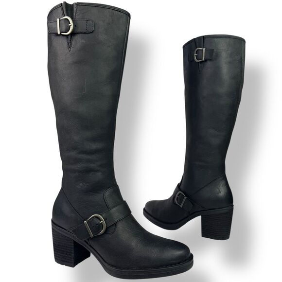 Born Debra Riding Campus Boots Tall Knee High Heeled Black Leather Moto Biker 9 - Picture 1 of 13